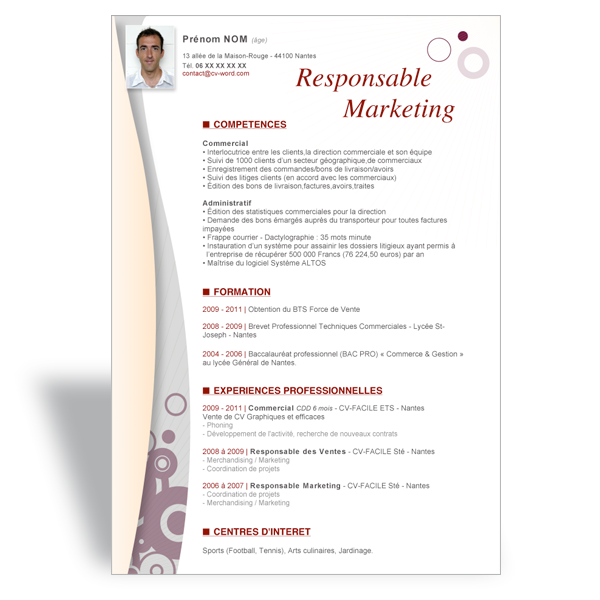 Exemple de modèle curriculum vitae word Responsable Marketing