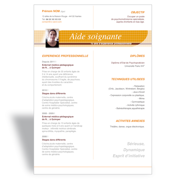 Exemple de modèle curriculum vitae word Aide Soignante