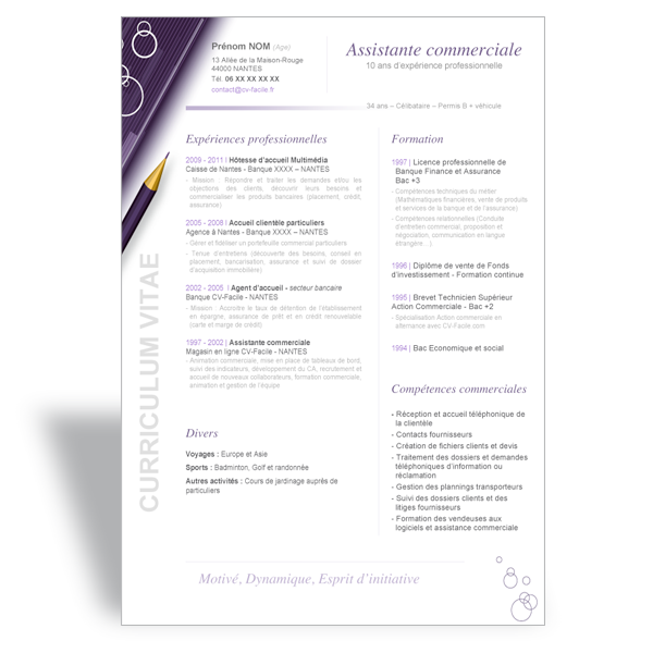 Exemple de modèle de curriculum vitae Word Assistante commerciale