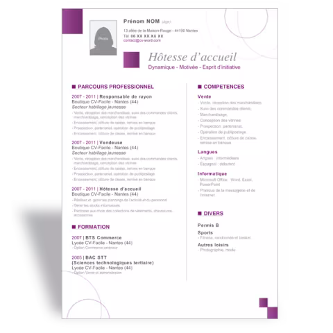 Modèle CV word Hôtesse d'accueil