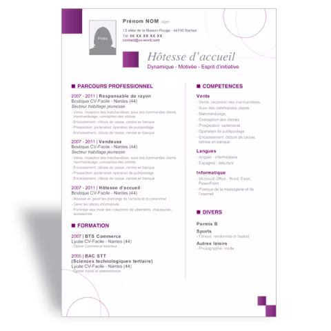 Modèle CV word Hôtesse d'accueil