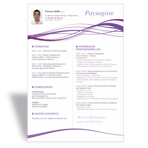 Modèle CV word original Paysagiste - Violet