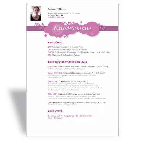 Modèle CV word Esthéticienne 2 - Mauve