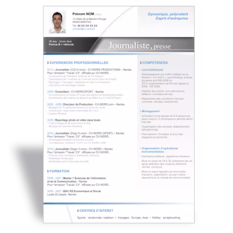 Modèle CV Word original Journaliste - Bleu