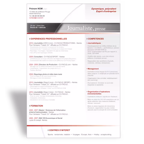Modèle CV Word original Journaliste - Rouge