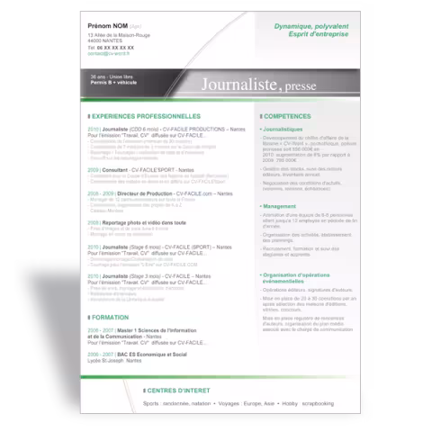 Modèle CV Word original Journaliste - Vert