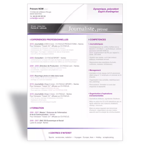 Modèle CV Word original Journaliste - Violet