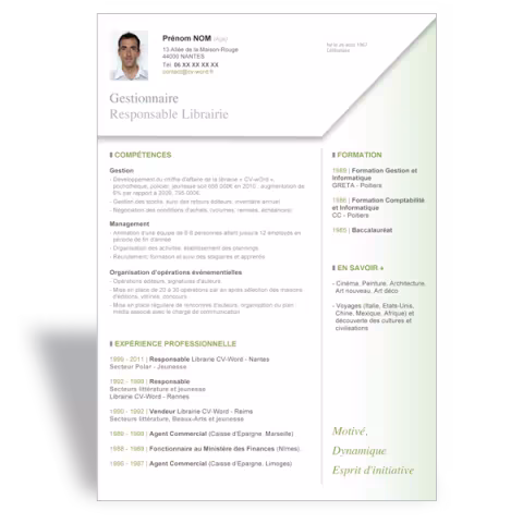 Modele CV Word Gestionnaire vert