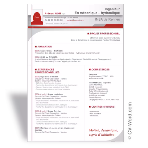 Modèle CV Word moderne Ingénieur II Rouge