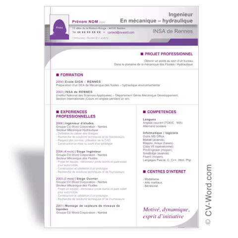 Modèle CV Word moderne Ingénieur II Violet