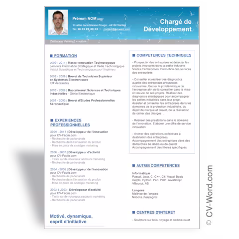 Modèle CV Word Chargé de Développement - Bleu