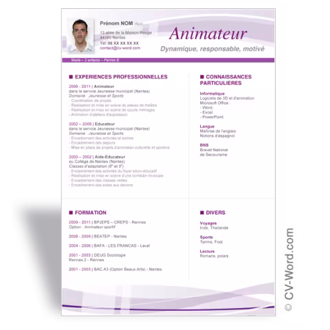 Modèle CV Word Animateur - Violet