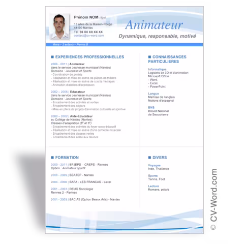 Modèle CV Word Animateur - Bleu