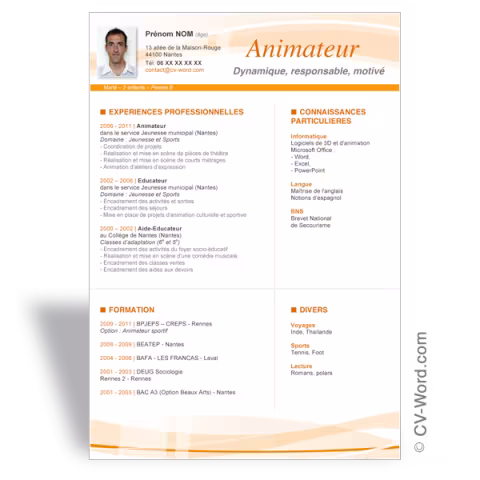 Modèle CV Word Animateur - Orange