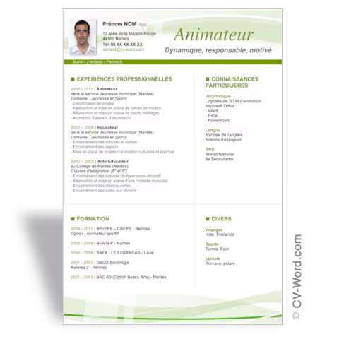Modèle CV Word Animateur - Vert