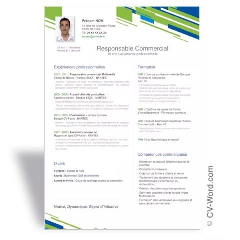 Modèle CV Word Responsable commercial - Vert et Bleu