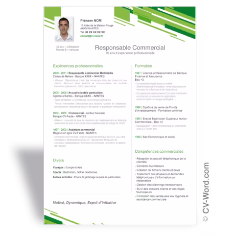 Modèle CV Word Responsable commercial - Vert