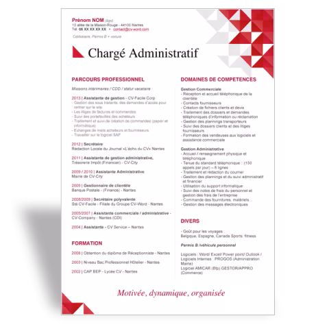 Exemple Modèle CV Word Chargé Administratif - Rouge