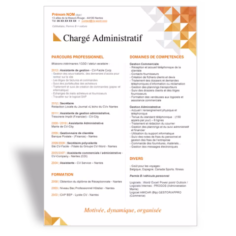 Exemple Modèle CV Word Chargé Administratif - Cuivre