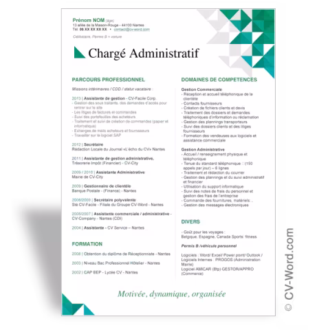 Exemple Modèle CV Word Chargé Administratif - Vert