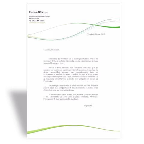 Modèle de lettre de motivation Paysagiste - Vert