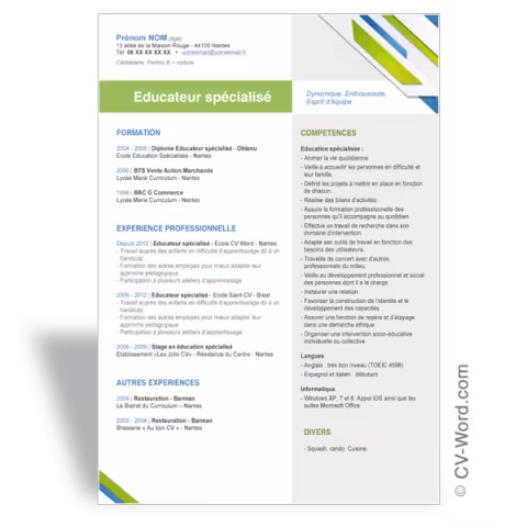 Modèle CV Word Educateur spécialisé - Bi couleur