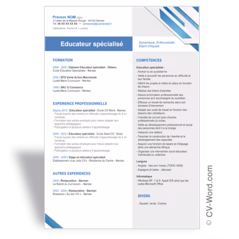 Modèle CV Word Educateur spécialisé - Bleu