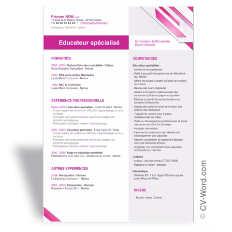 Modèle CV Word Educateur spécialisé - Rose