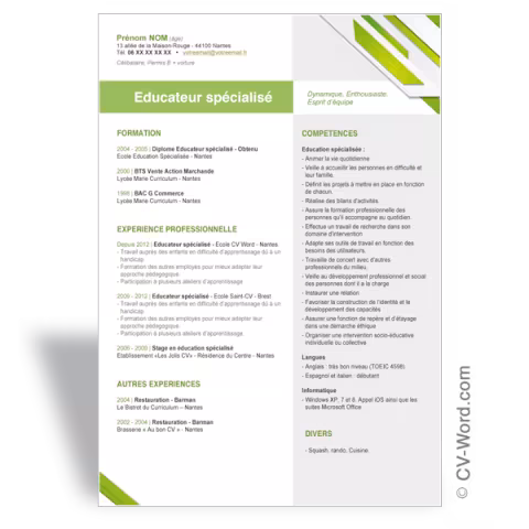Modèle CV Word Educateur spécialisé - Vert