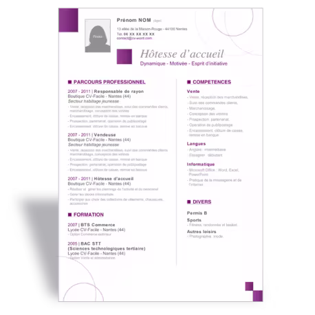 Modèle CV word Hôtesse d'accueil