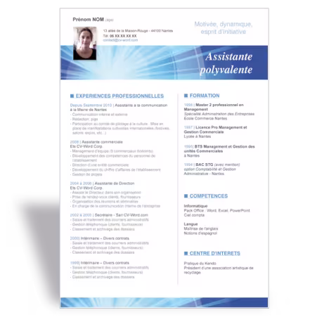 Modèle CV Word Assistante polyvalente (bleu)