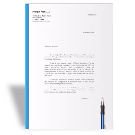 Exemple modèle lettre de motivation Conducteur de Travaux (bleu)
