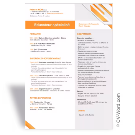 Modèle CV Word Educateur spécialisé