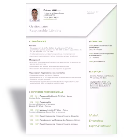 Modele CV Word Gestionnaire vert