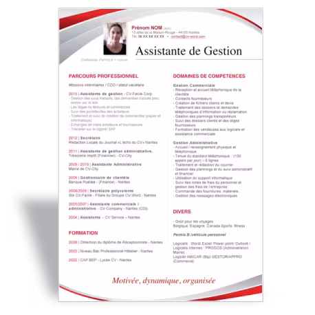 Modèle CV Word Assistante de Gestion