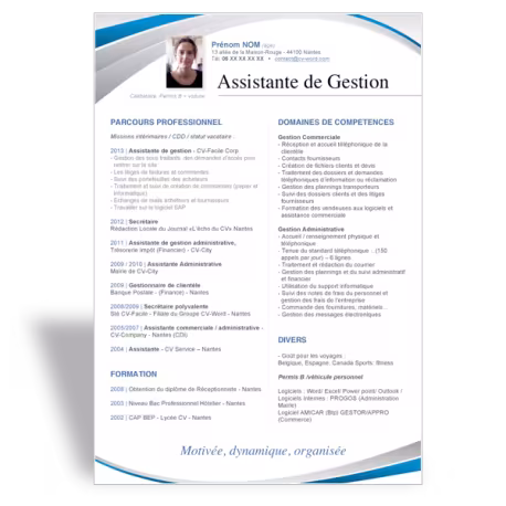 Modèle CV Word Assistante de Gestion bleu
